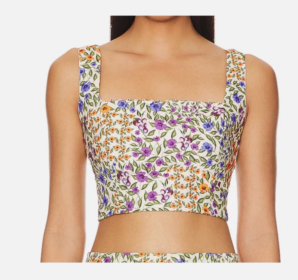 Agua Bendita Kosia Crop Tank Top - Floral Smocked, Beaded | Womens S